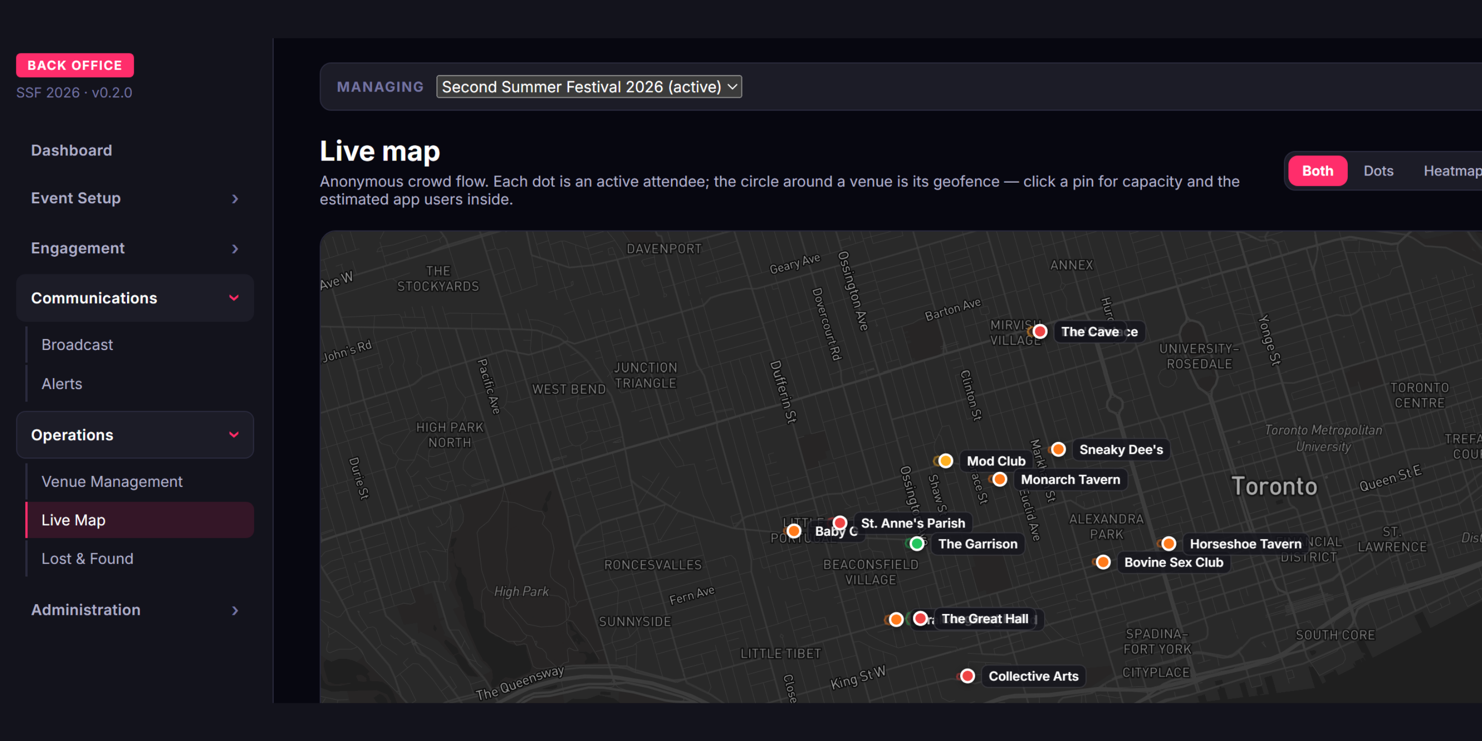 Live map: every venue pinned across Toronto with its geofence, colour-coded by how full the room is