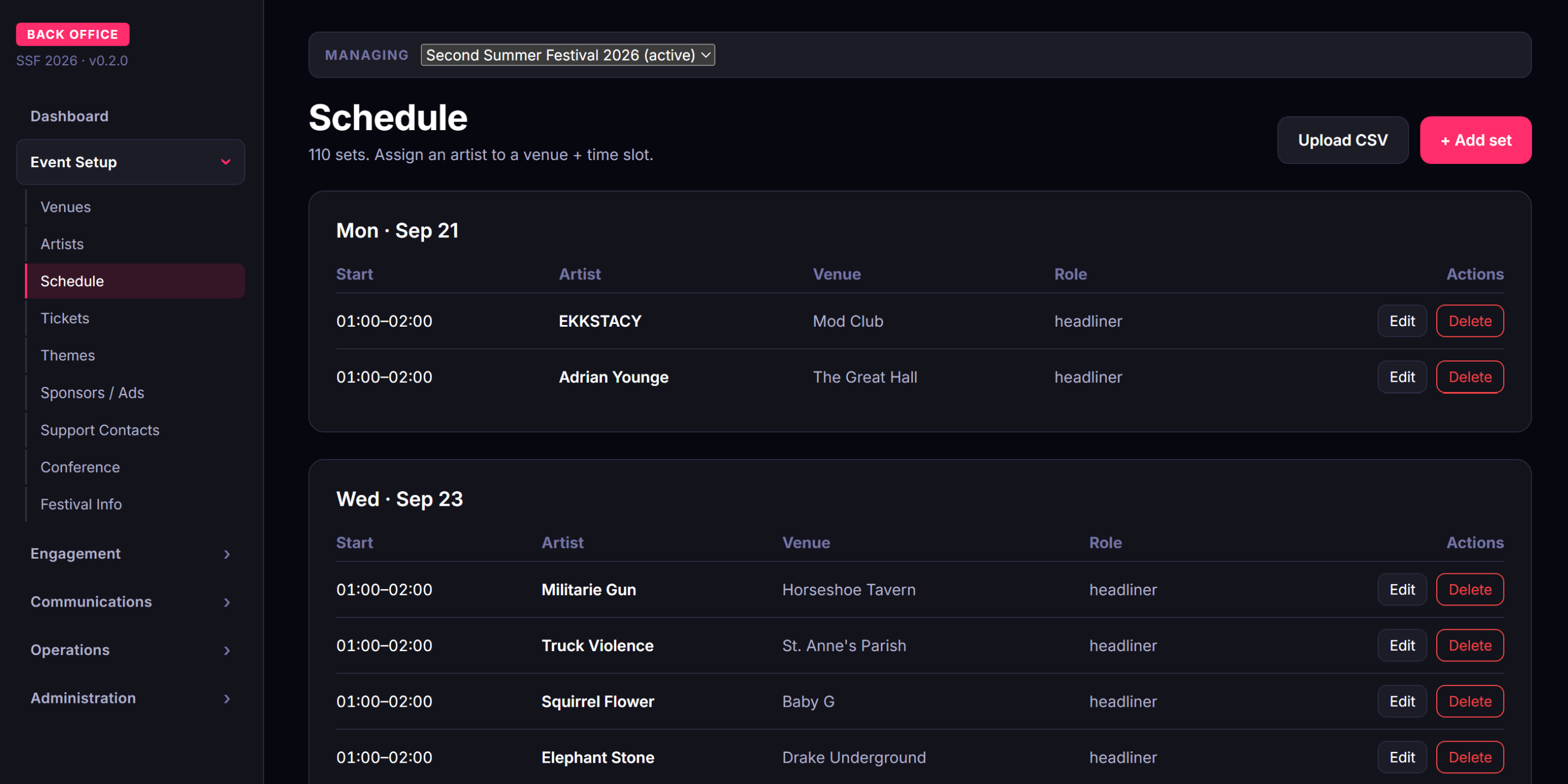 Back-office schedule: 110 sets grouped by night, each row an artist assigned to a venue and time slot
