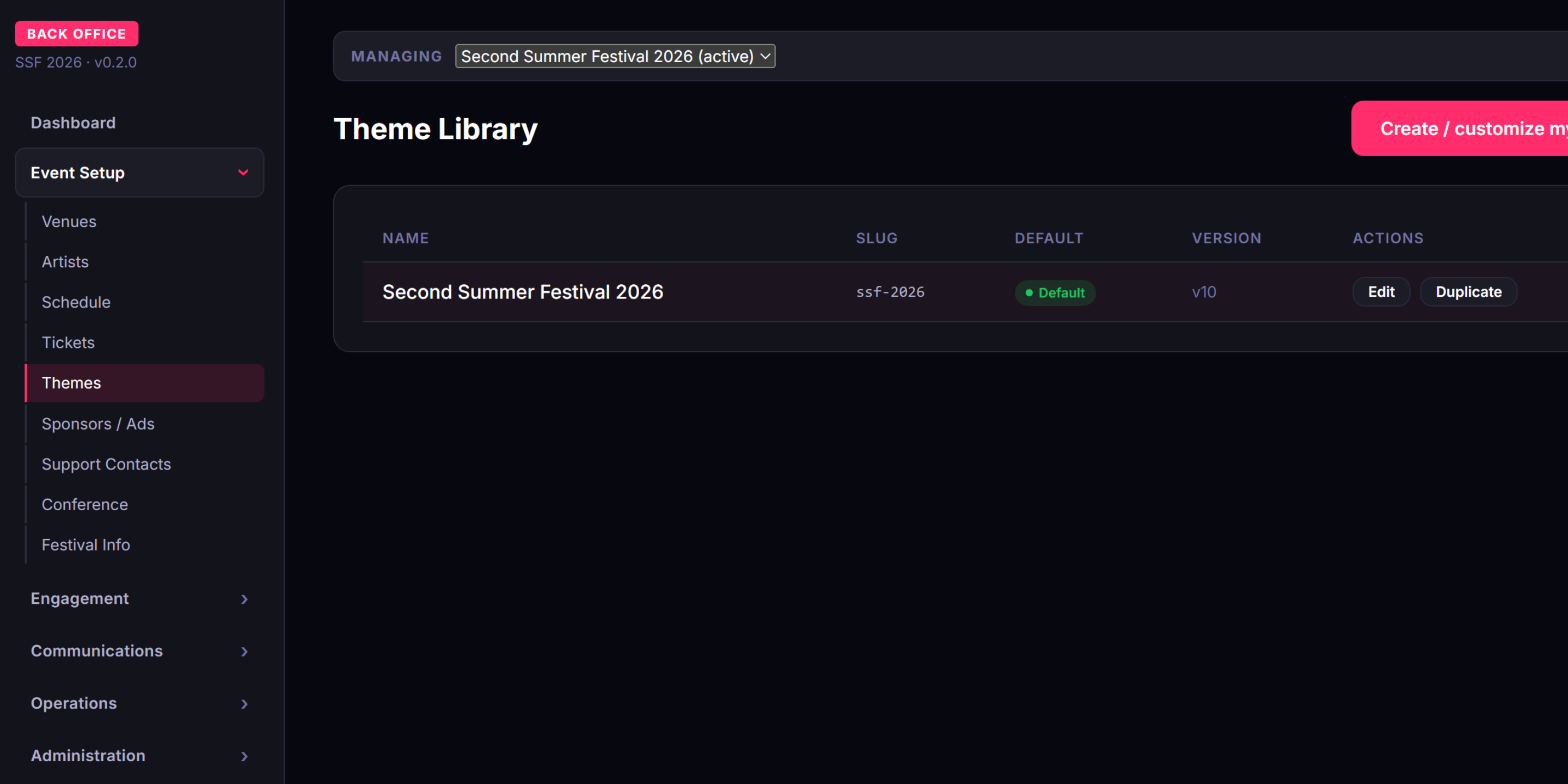 Theme library: the festival's own theme, versioned and set as default, ready to duplicate for the next event